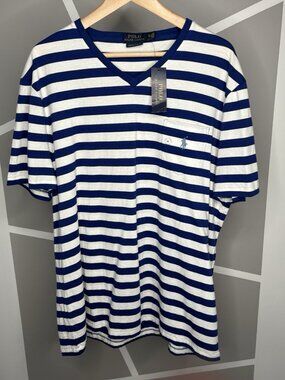 NWT Polo Ralph Lauren Classic Slim Fit Sailor Stripe V-Neck T-Shirt Mens XL Navy
